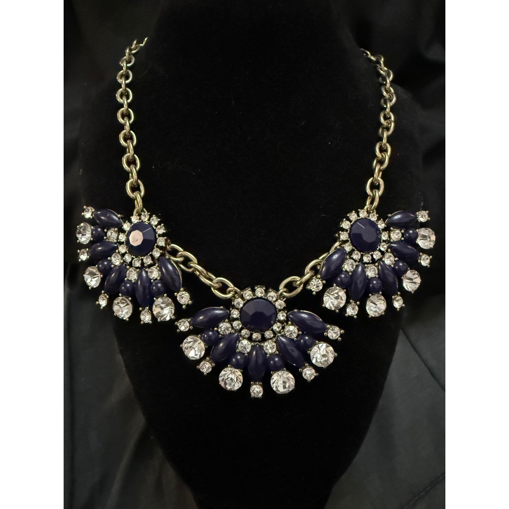 J.Crew Navy Blue Resin Crystal Statement Bib Necklace Gold Tone Floral Fan